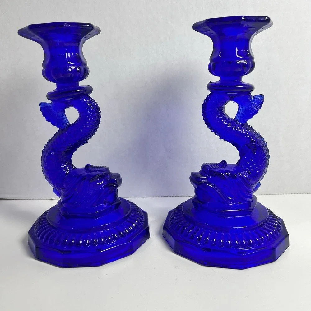 Vintage Cobalt Blue Glass Bearded Koi Tapered Candle Stick Holder Set of 2